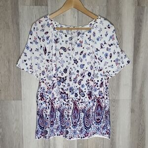 Talbots Womens Large Petite Paisley Blouse Floral Tassels Lightweight Americana